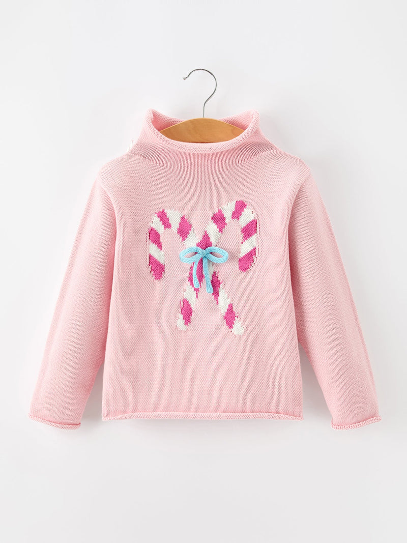 Girls Christmas Candy Cane Bow Knit Sweater - 1