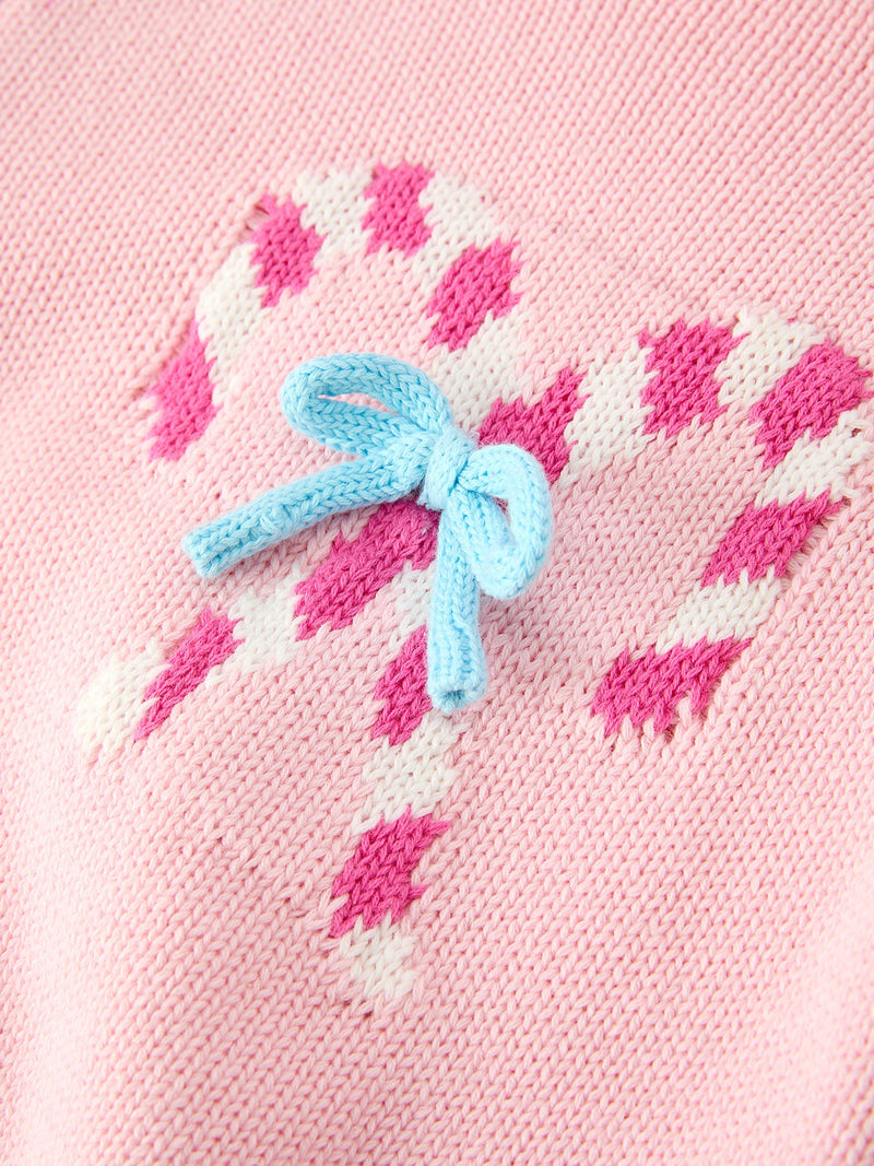 Christmas Candy Cane Bow Knit Baby Girls Romper - 4