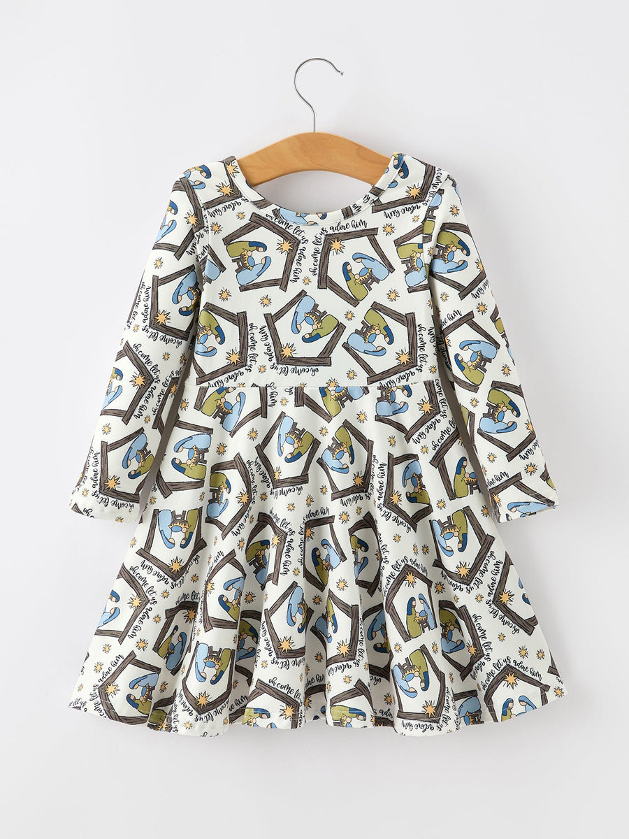 Christmas Girls Nativity Scene Print Twirl Dress