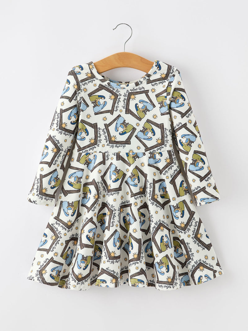 Christmas Girls Nativity Scene Print Twirl Dress - 1