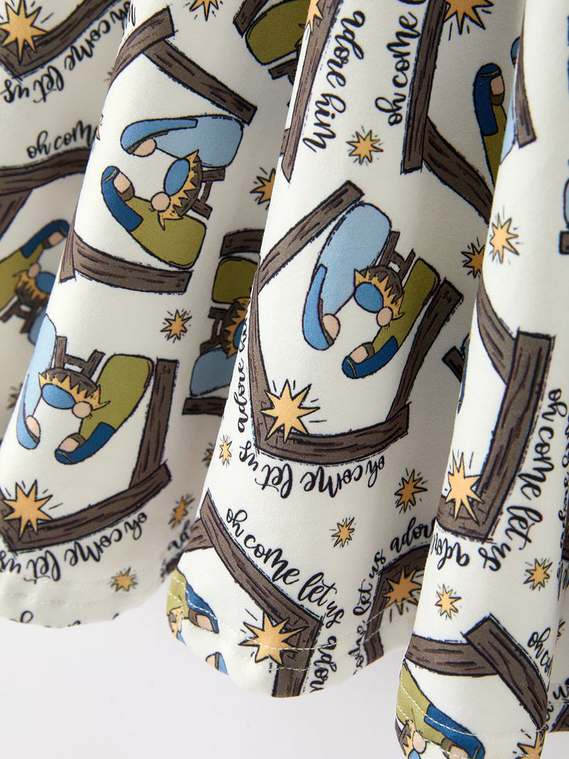 Christmas Girls Nativity Scene Print Twirl Dress - 5