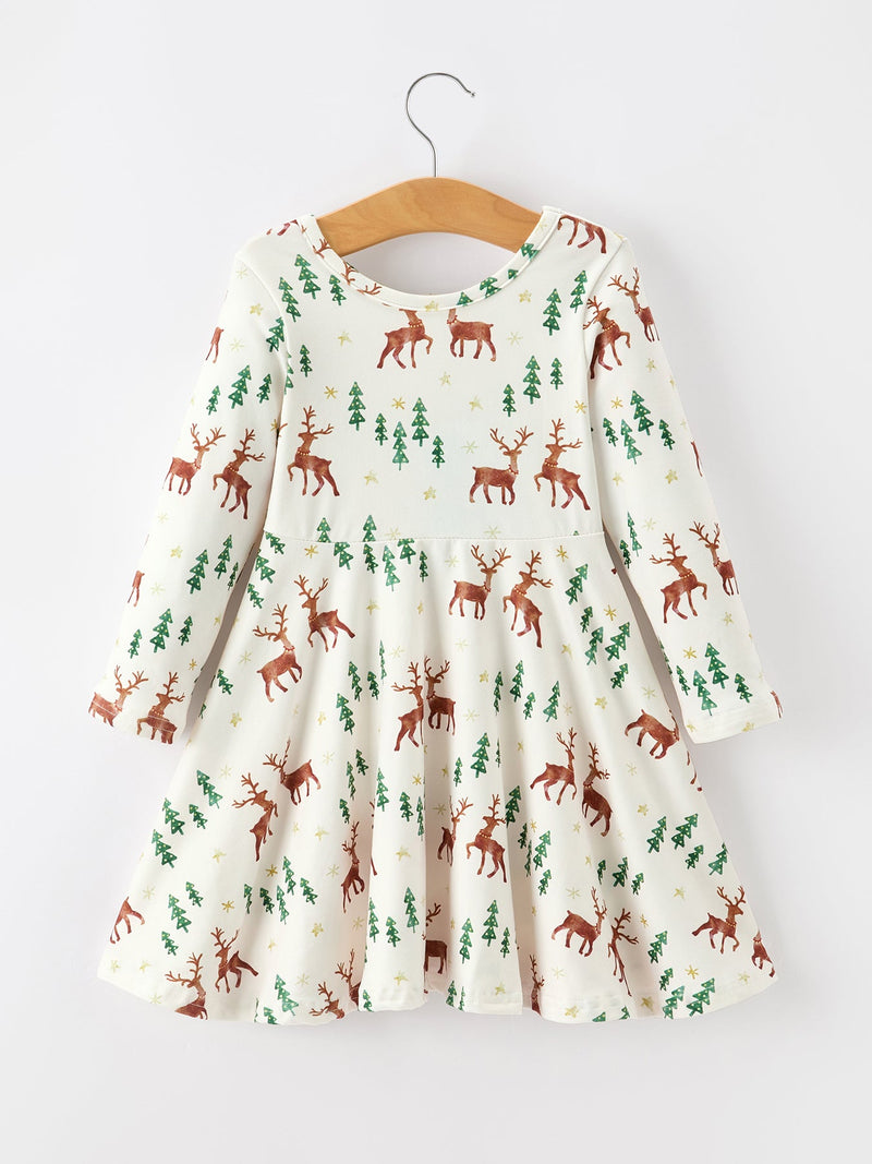 Christmas Girls Deer & Pine Tree Holiday Twirl Dress - 2