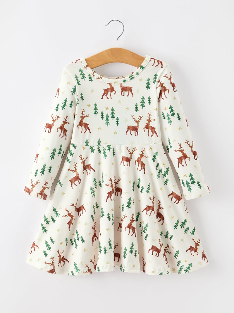 Christmas Girls Deer & Pine Tree Holiday Twirl Dress - 1