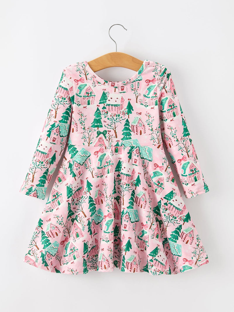 Christmas Girls Pink Holiday Village Print Twirl Dress - 2