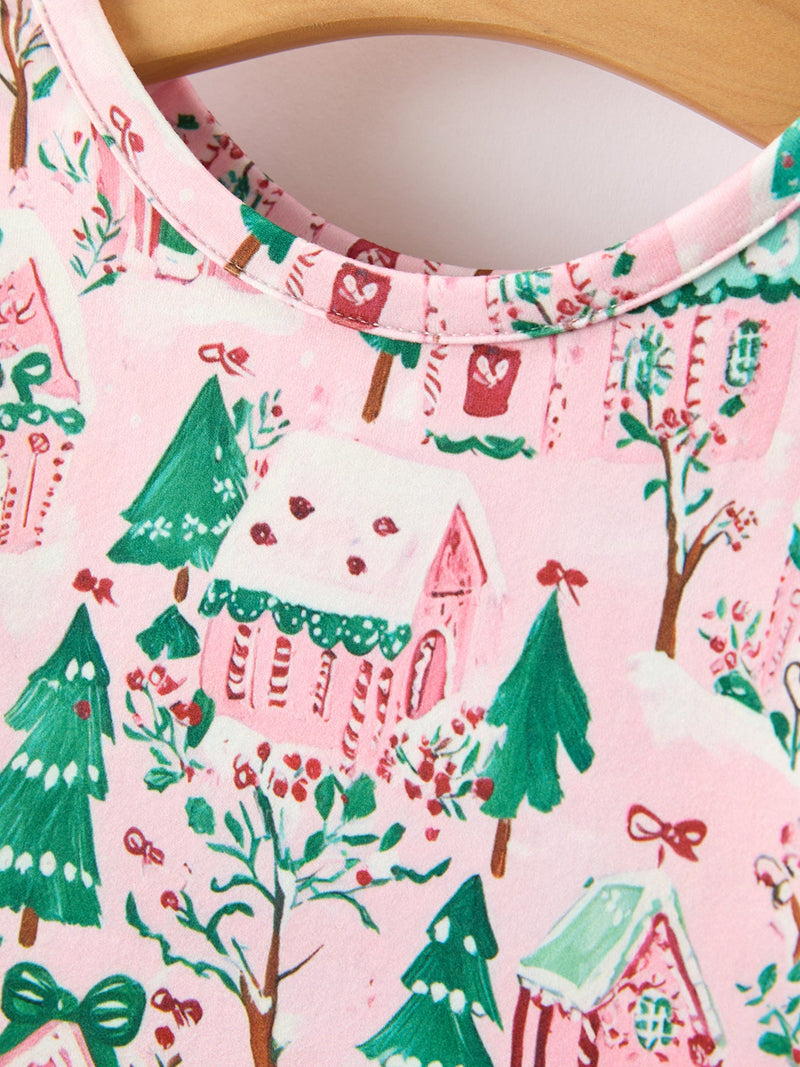 Christmas Girls Pink Holiday Village Print Twirl Dress - 3