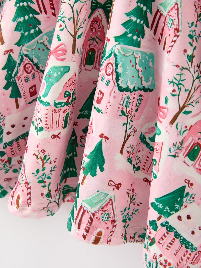 Christmas Girls Pink Holiday Village Print Twirl Dress - 5