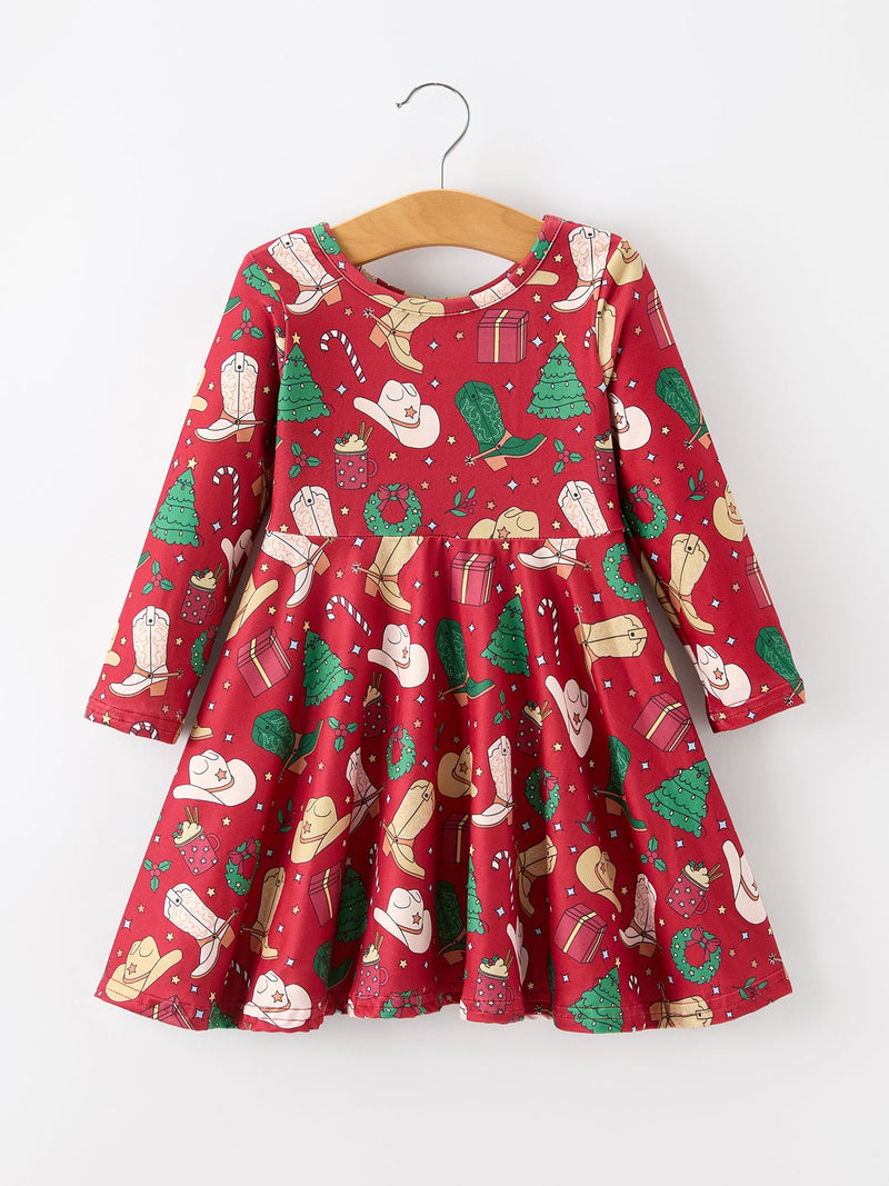 Girls Christmas Wreaths Twirl Long Sleeve Festive Dress - 1