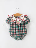 Baby Girl Christmas Plaid Wreath Embroidery Bubble Romper - 1