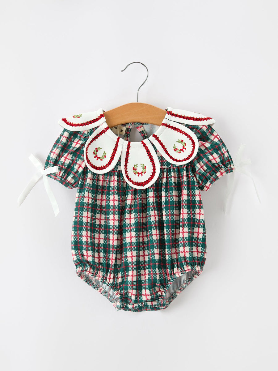 Baby Girl Christmas Plaid Wreath Embroidery Bubble Romper