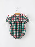 Baby Girl Christmas Plaid Wreath Embroidery Bubble Romper - 2