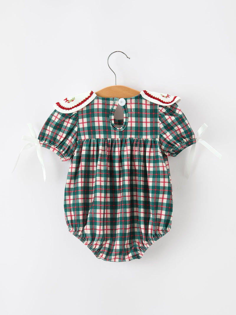 Baby Girl Christmas Plaid Wreath Embroidery Bubble Romper - 2