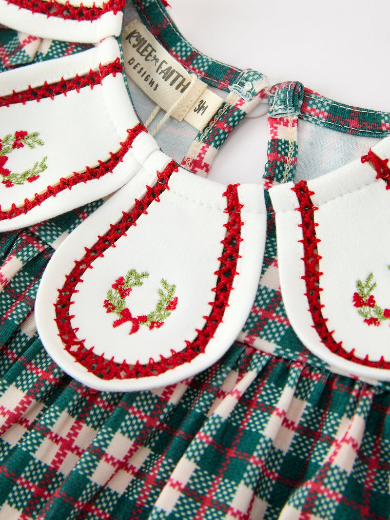 Baby Girl Christmas Plaid Wreath Embroidery Bubble Romper - 3
