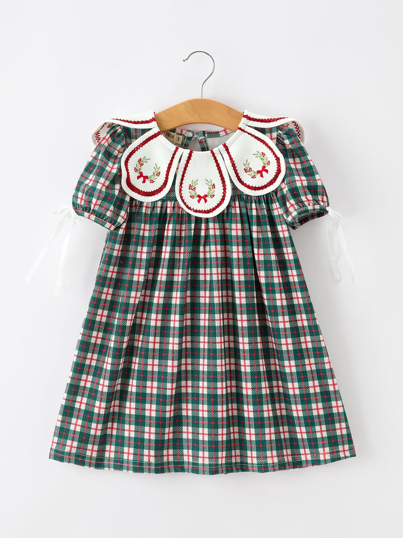 Baby Girl Christmas Plaid Embroidered Dress Wreath Collar - 1