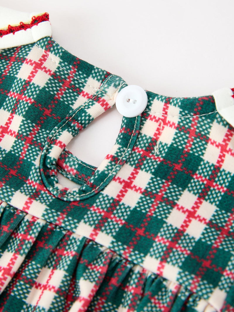 Baby Girl Christmas Plaid Wreath Embroidery Bubble Romper - 4