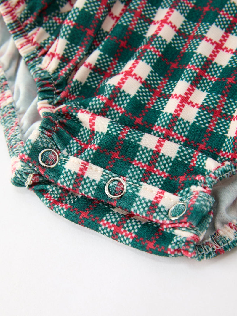 Baby Girl Christmas Plaid Wreath Embroidery Bubble Romper - 5