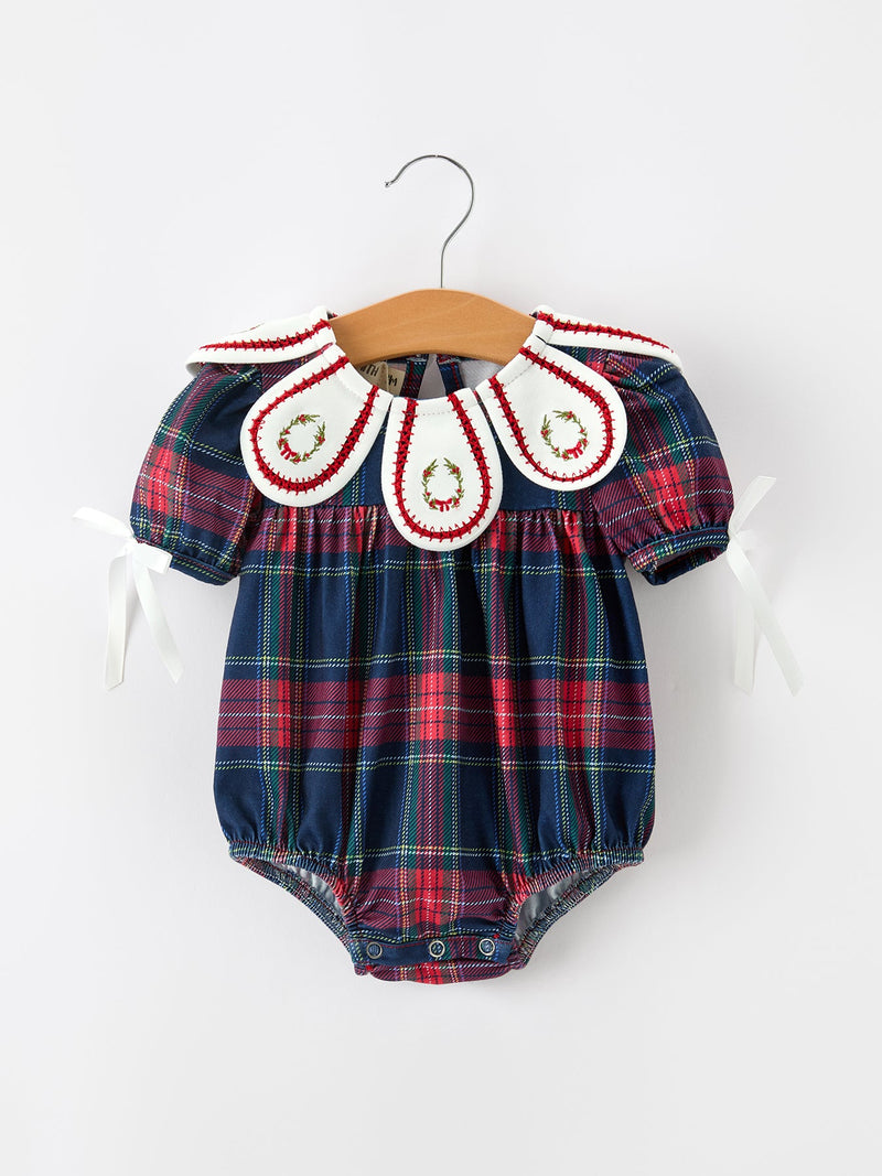 Navy Red Christmas Plaid Wreath Baby Girl Bubble Romper - 1