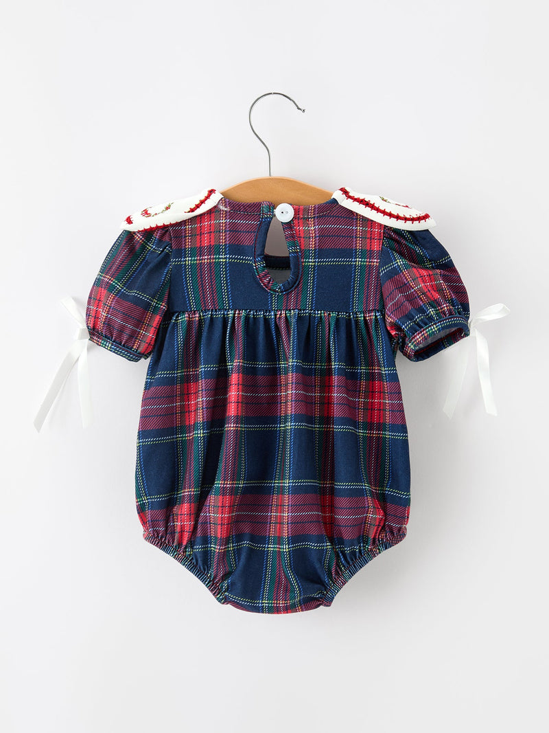 Navy Red Christmas Plaid Wreath Baby Girl Bubble Romper - 2