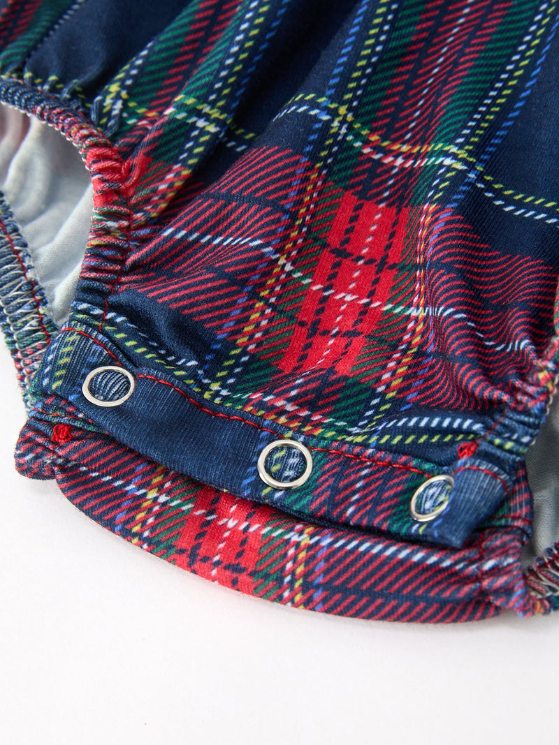 Navy Red Christmas Plaid Wreath Baby Girl Bubble Romper - 4