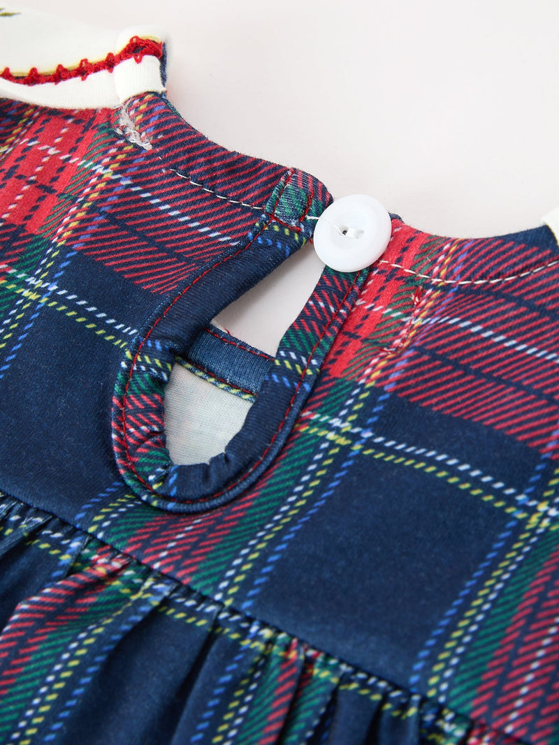 Navy Red Christmas Plaid Wreath Baby Girl Bubble Romper - 5