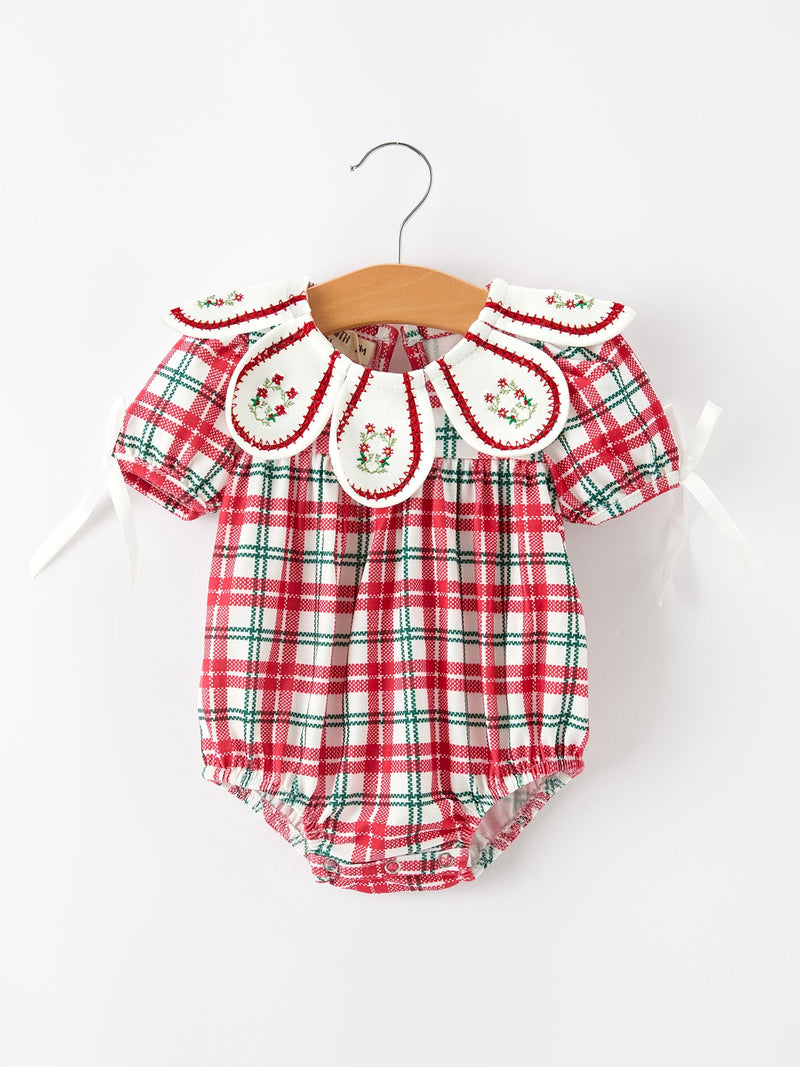 Red Christmas Plaid Wreath Baby Girl Bubble Romper - 1