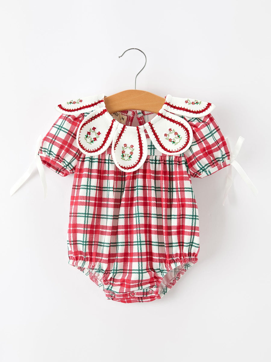 Red Christmas Plaid Wreath Baby Girl Bubble Romper
