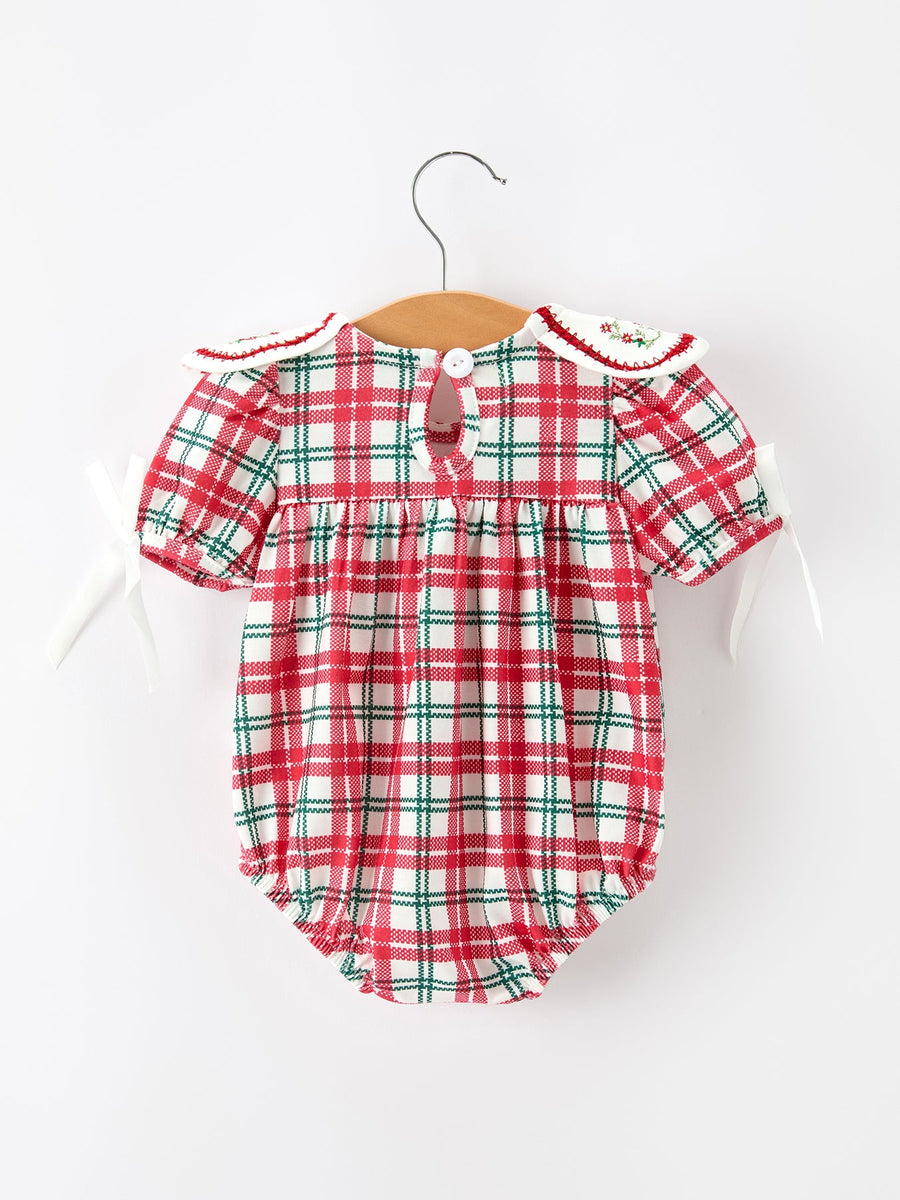 Red Christmas Plaid Wreath Baby Girl Bubble Romper