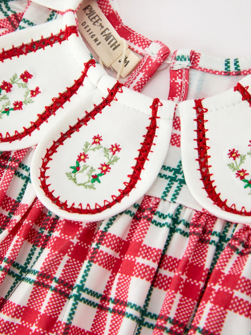 Red Christmas Plaid Wreath Baby Girl Bubble Romper - 3
