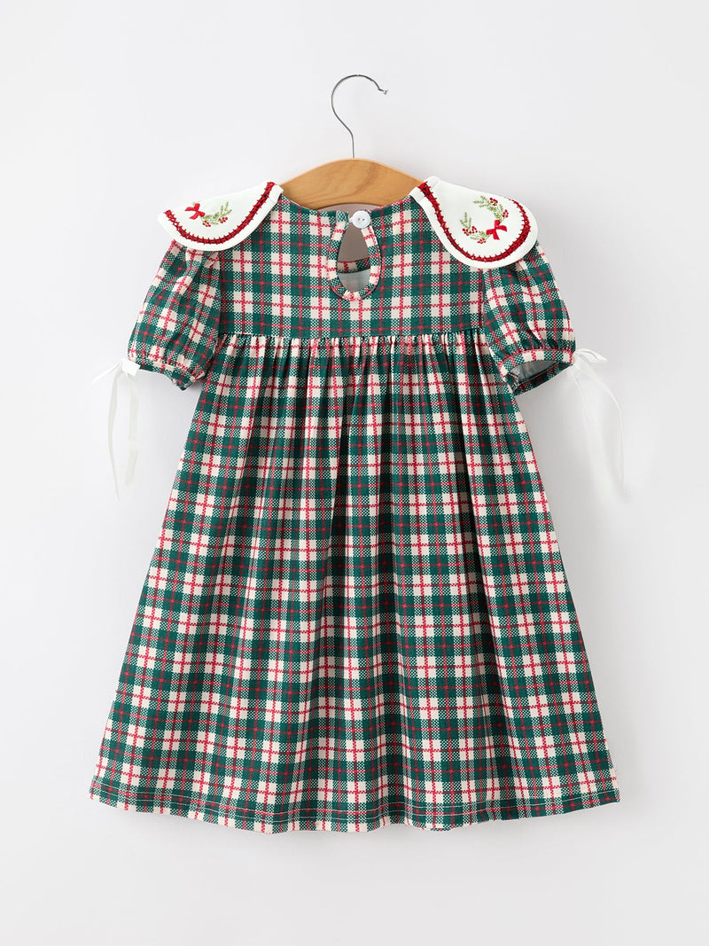 Baby Girl Christmas Plaid Embroidered Dress Wreath Collar - 2