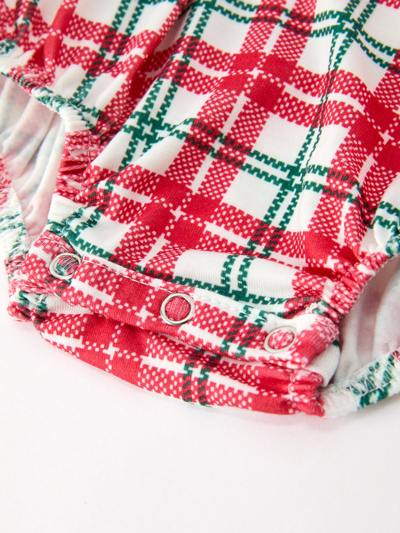 Red Christmas Plaid Wreath Baby Girl Bubble Romper - 4