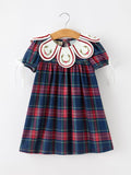 Navy Red Christmas Plaid Wreath Embroidered Girl Dress - 1