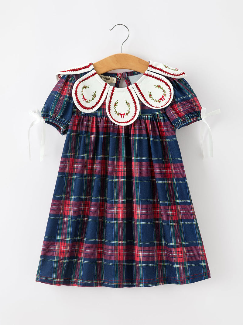Navy Red Christmas Plaid Wreath Embroidered Girl Dress - 1