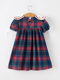 Navy Red Christmas Plaid Wreath Embroidered Girl Dress - 2