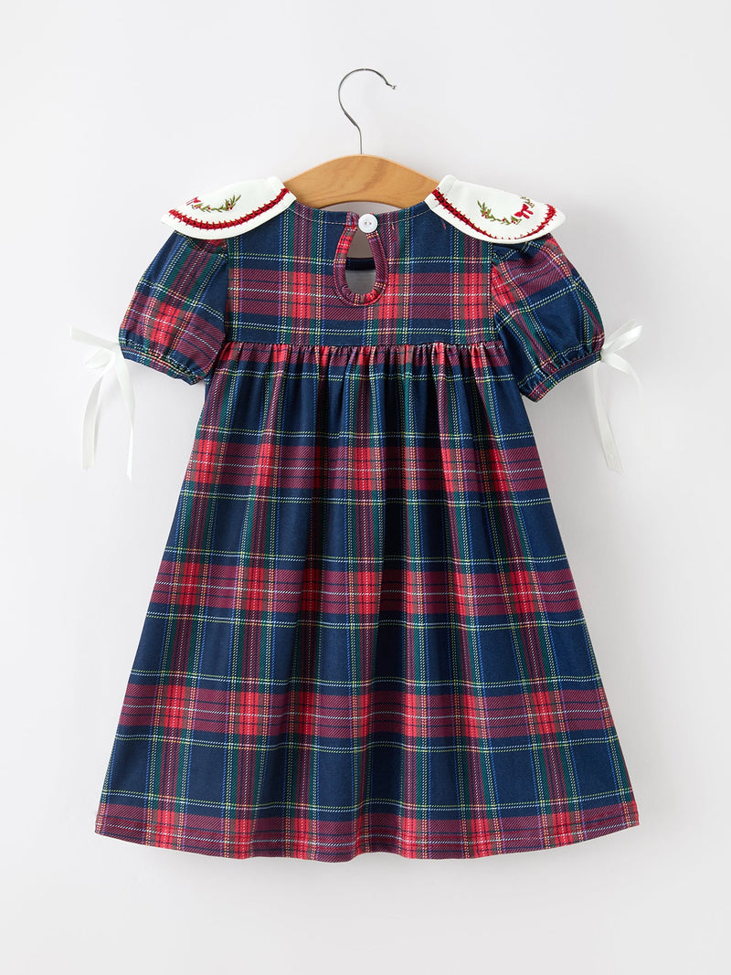 Navy Red Christmas Plaid Wreath Embroidered Girl Dress - 2