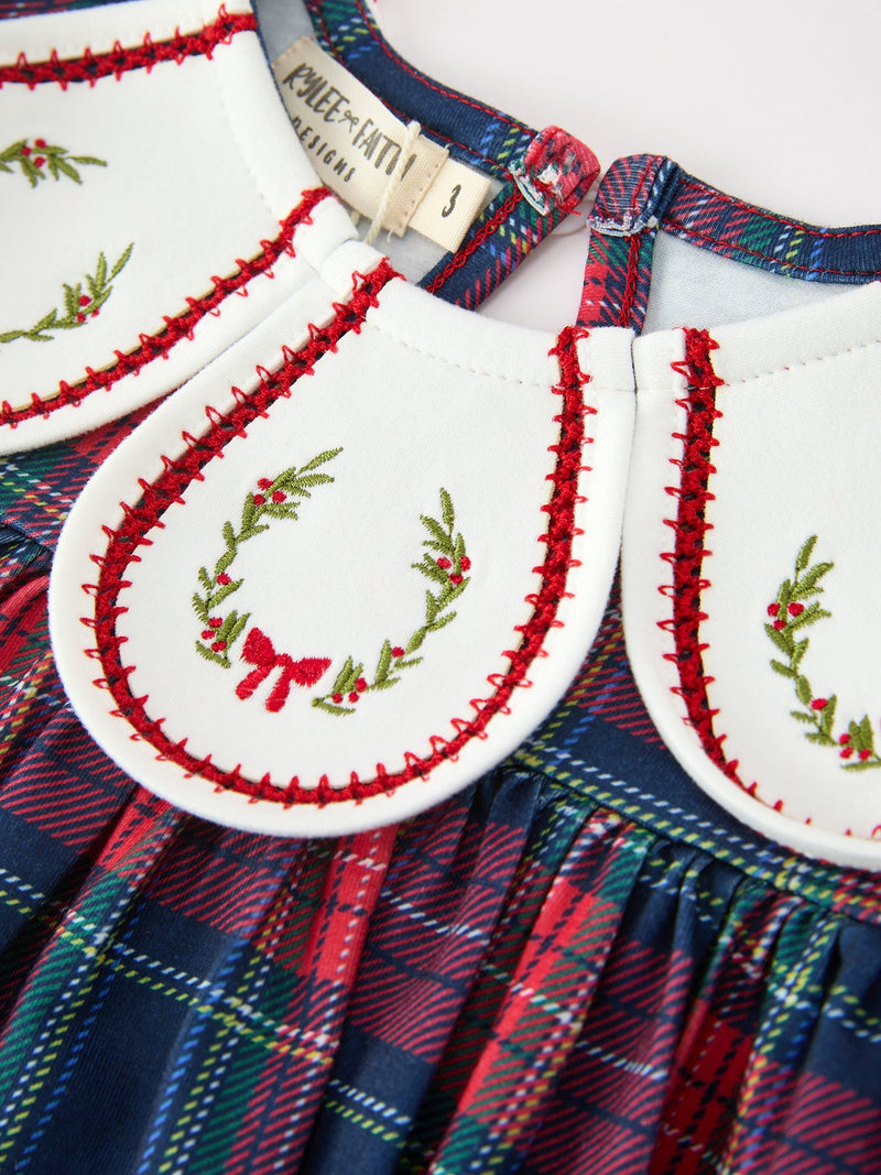Navy Red Christmas Plaid Wreath Embroidered Girl Dress - 3