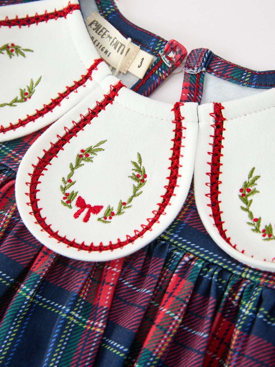 Navy Red Christmas Plaid Wreath Embroidered Girl Dress