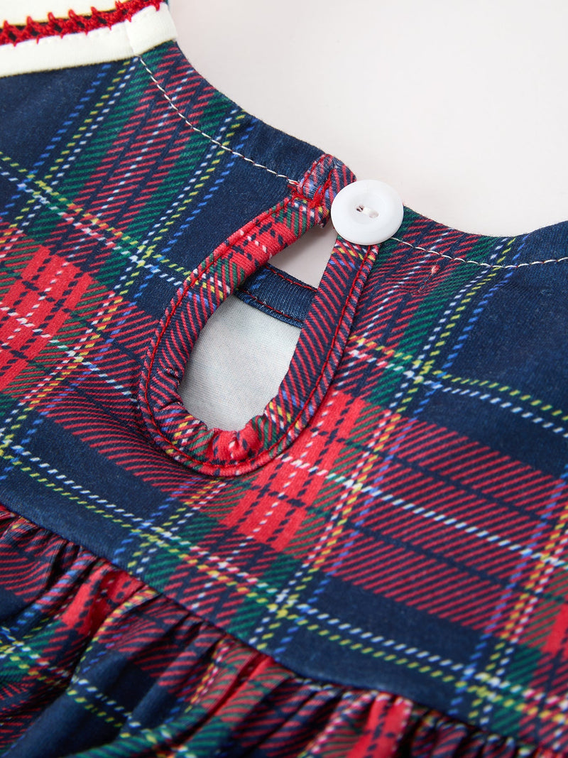 Navy Red Christmas Plaid Wreath Embroidered Girl Dress - 4