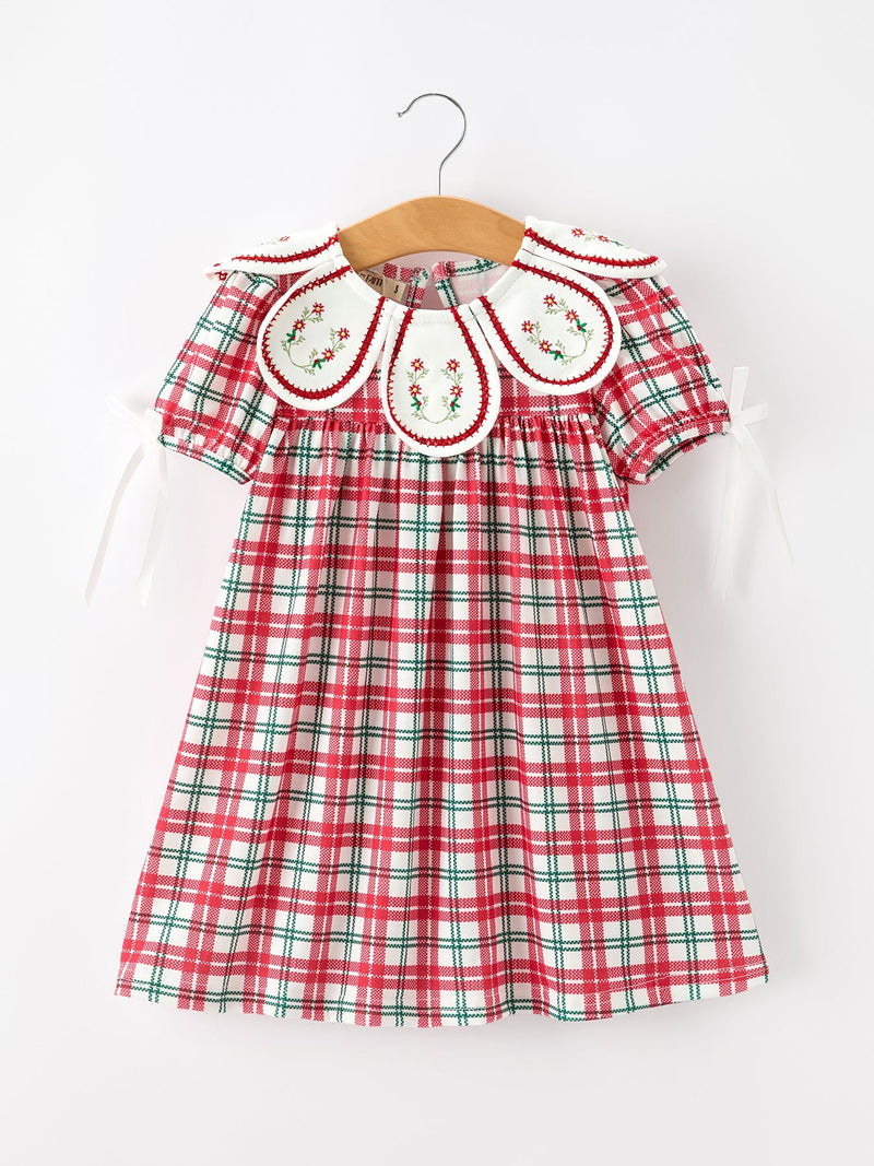 Red Christmas Plaid Wreath Embroidered Girl Dress - 1