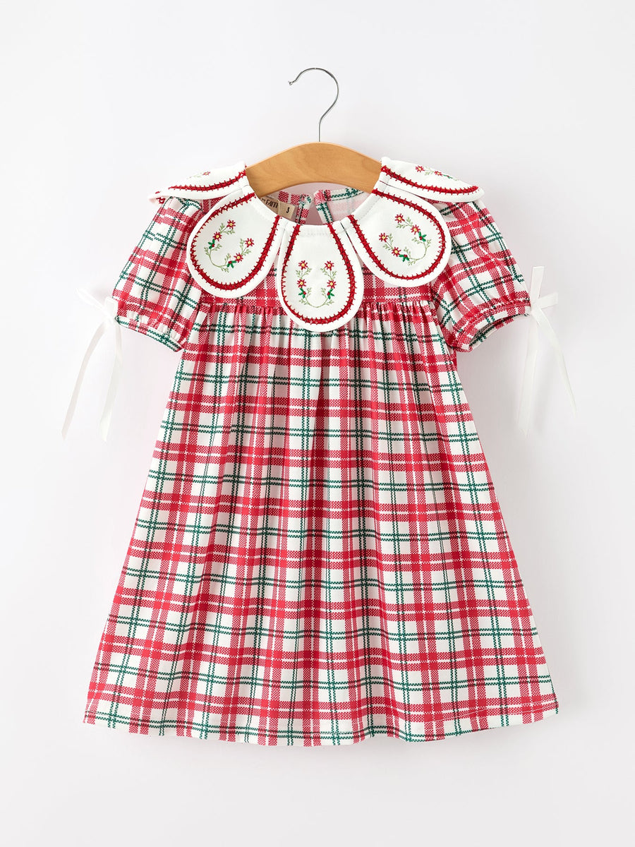 Red Christmas Plaid Wreath Embroidered Girl Dress