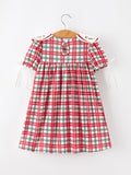 Red Christmas Plaid Wreath Embroidered Girl Dress - 2