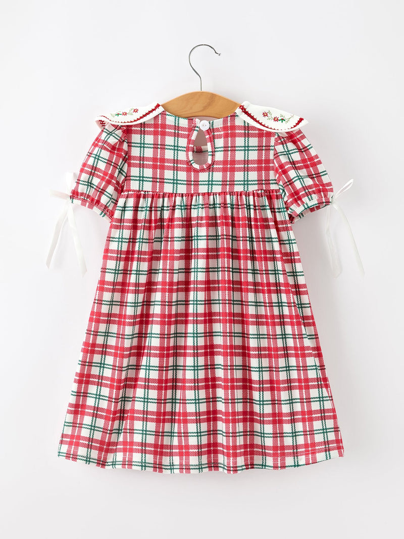 Red Christmas Plaid Wreath Embroidered Girl Dress - 2