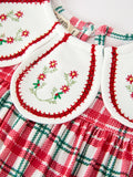 Red Christmas Plaid Wreath Embroidered Girl Dress - 3