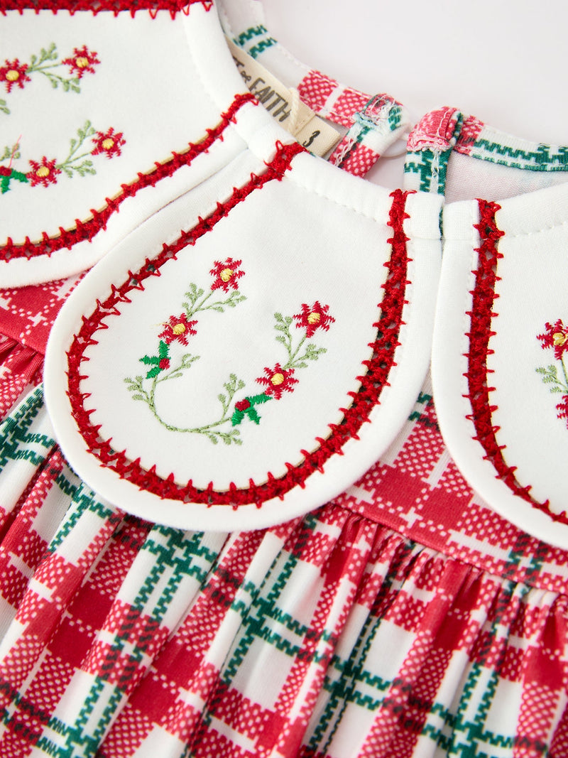 Red Christmas Plaid Wreath Embroidered Girl Dress - 3