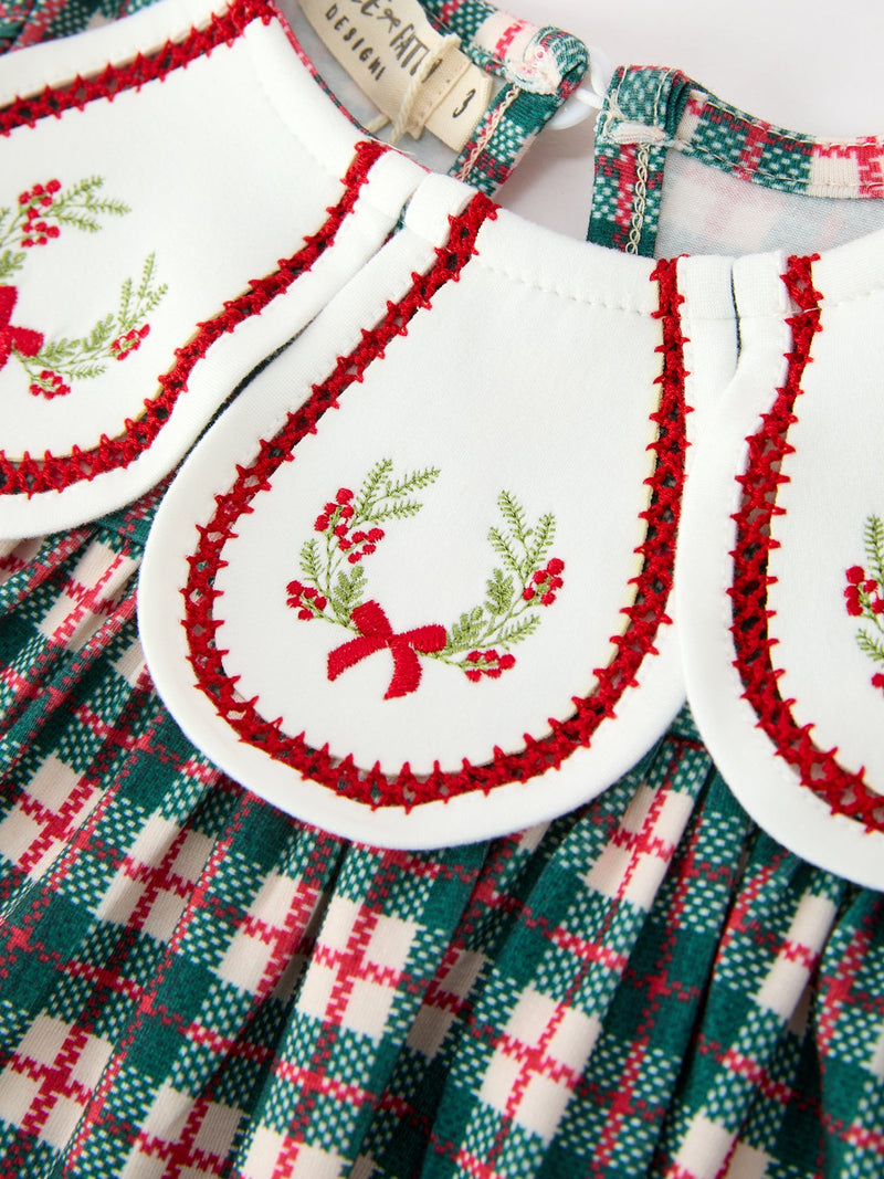 Baby Girl Christmas Plaid Embroidered Dress Wreath Collar - 3