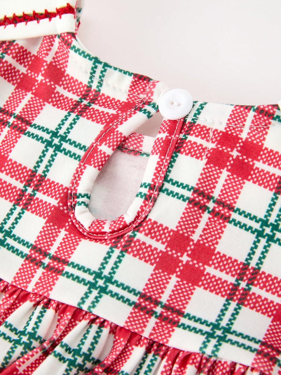 Red Christmas Plaid Wreath Embroidered Girl Dress