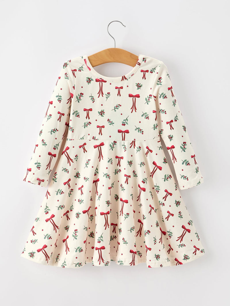 Girls Christmas Bow & Berry Print Twirl Dress - 2