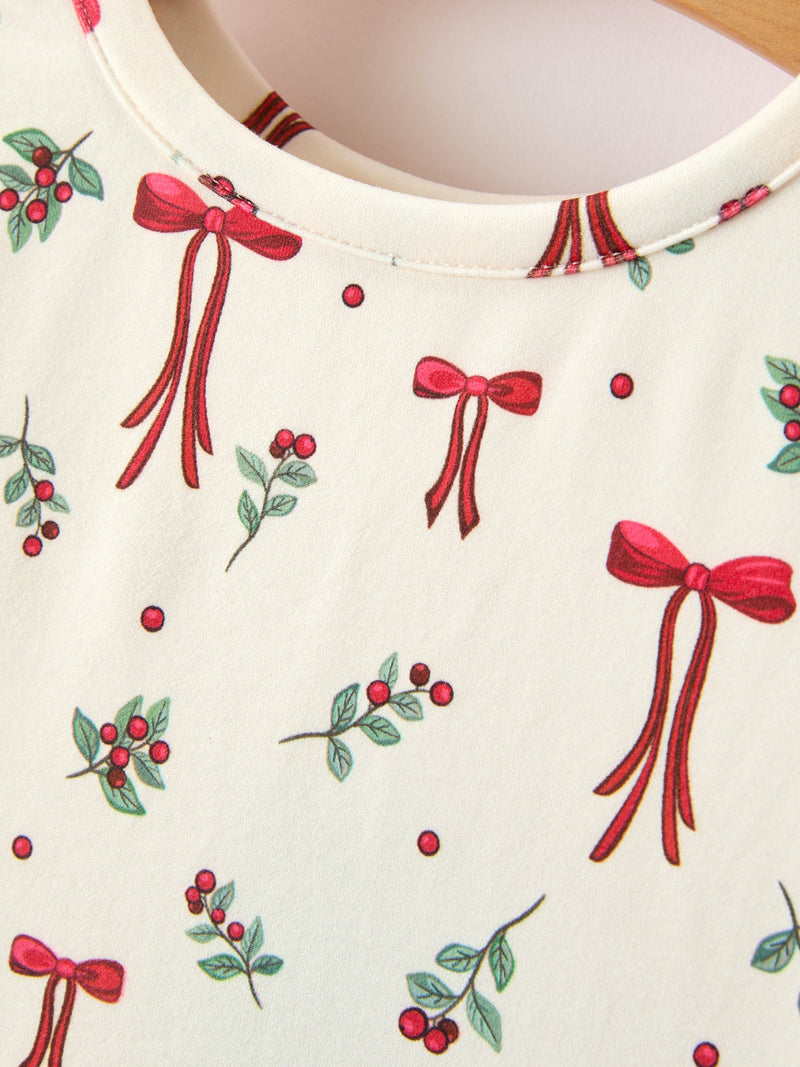 Girls Christmas Bow & Berry Print Twirl Dress - 3