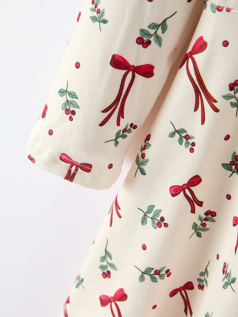 Girls Christmas Bow & Berry Print Twirl Dress - 4