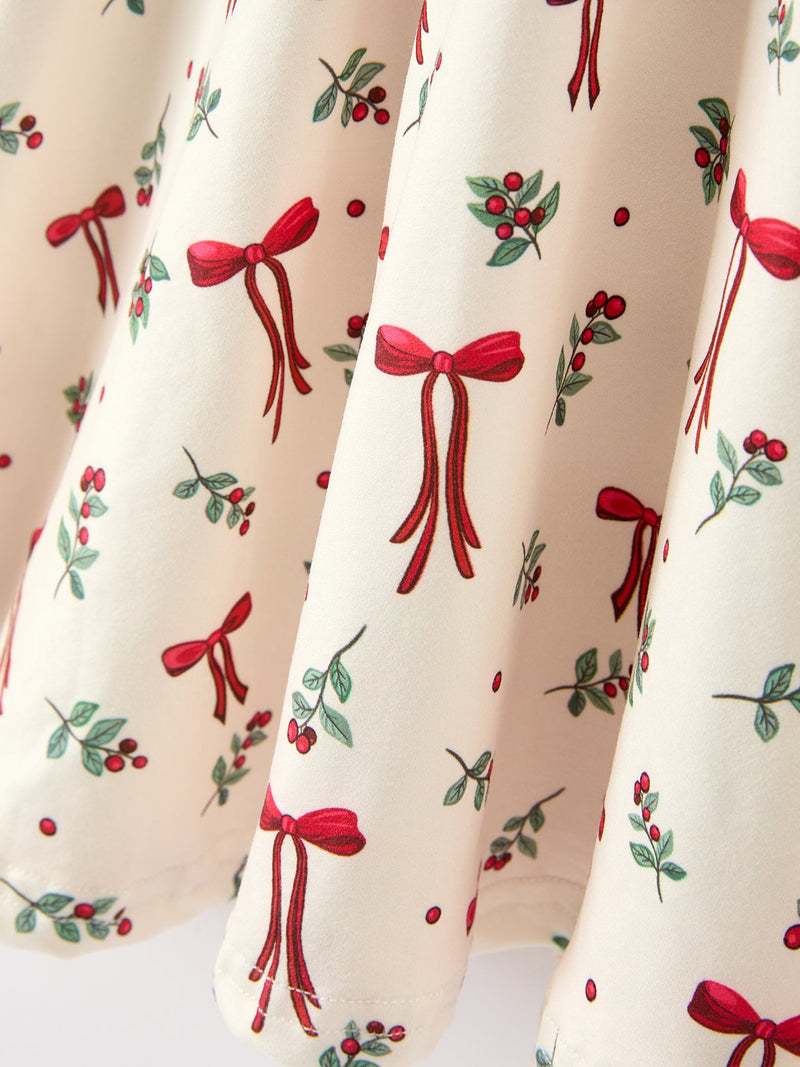 Girls Christmas Bow & Berry Print Twirl Dress - 5