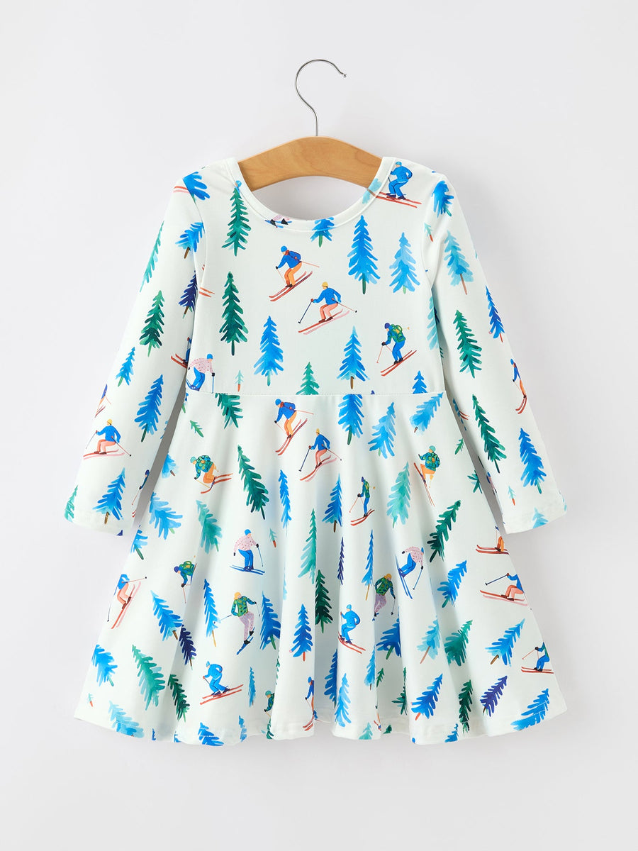 Christmas Girls Winter Ski & Pine Tree Print Twirl Dress