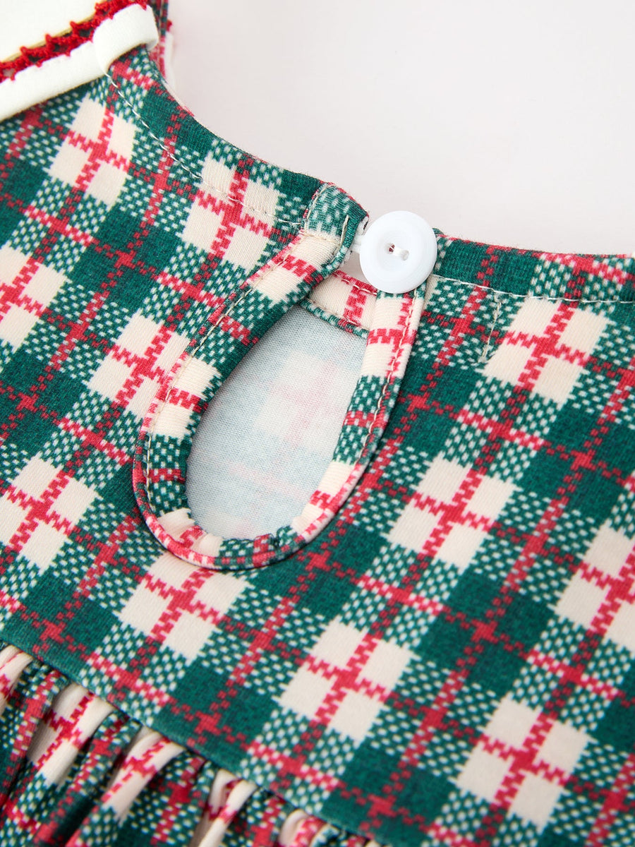 Baby Girl Christmas Plaid Embroidered Dress Wreath Collar